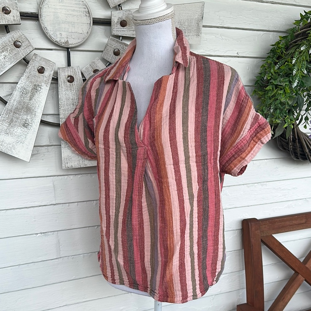 Earth Tone Muted Pink and Orange Boxy Muslin Shirt with Notched Collar
